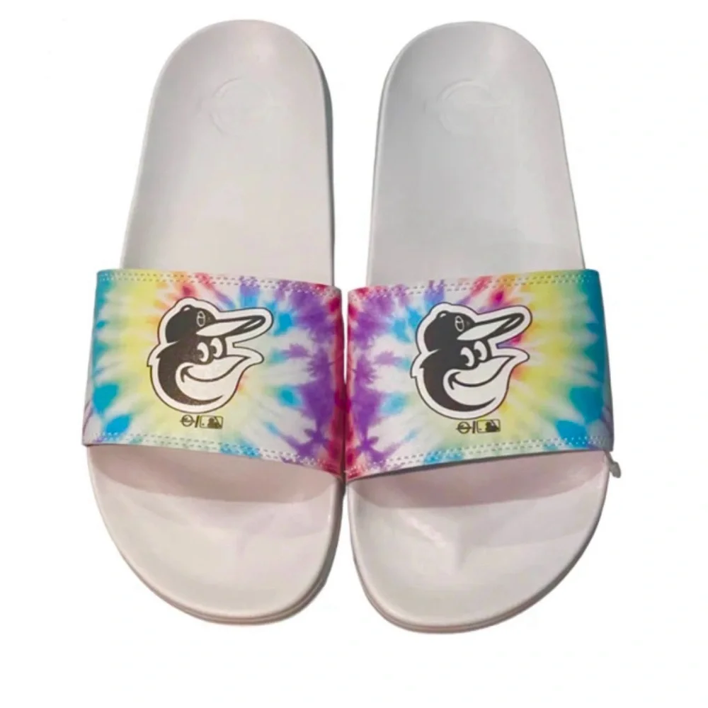 NWT ISlide Baltimore Orioles Tie-Dye Motto Slide Sandals